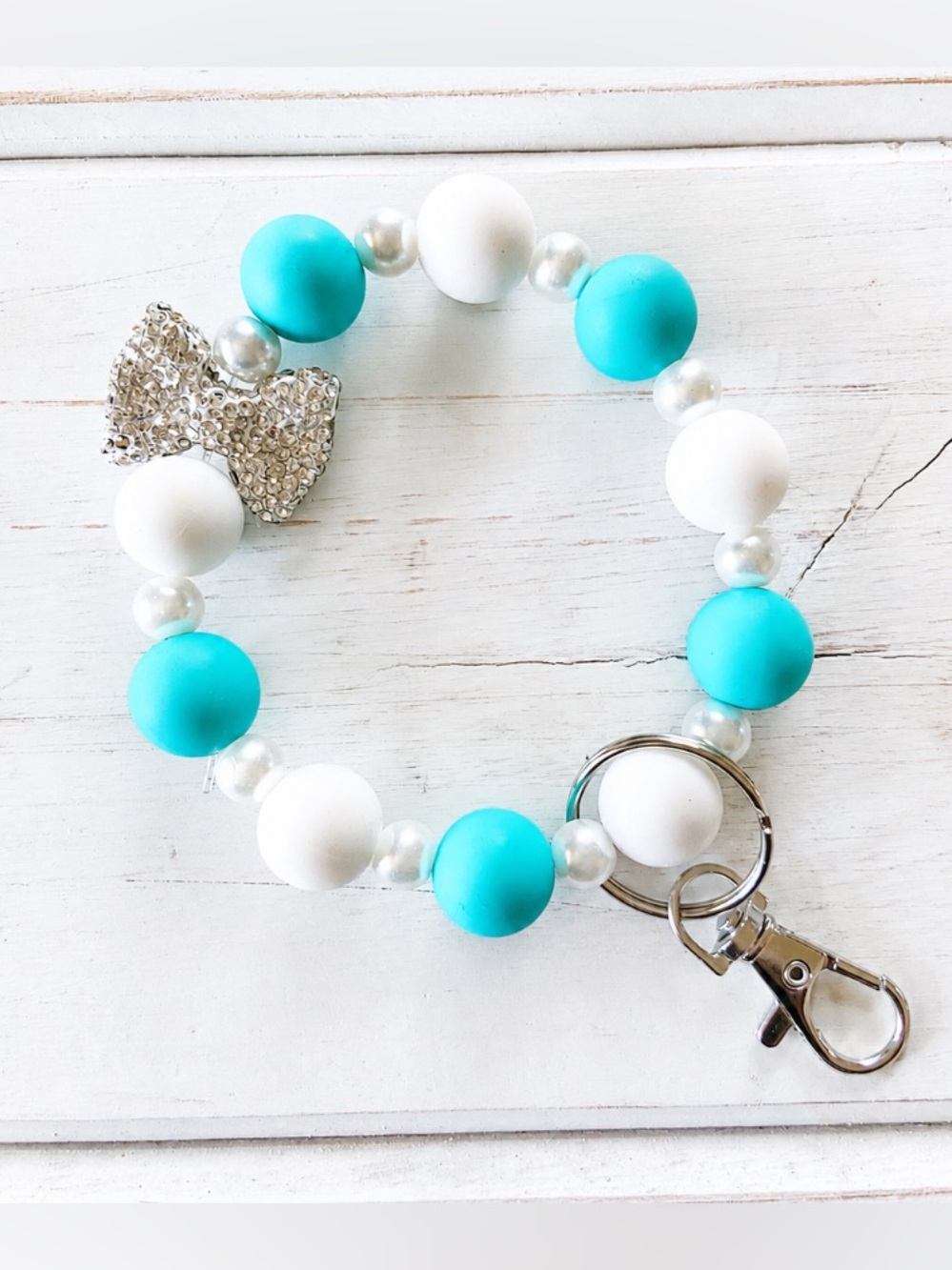 Turquoise and White Beaded Keychain with Rhinestone Bow